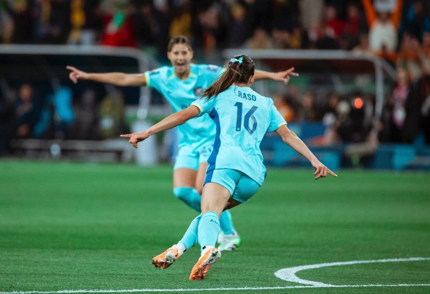 Australia No. 16 Hayley Raso celebrates a goal at the 2023 Women's World Cup