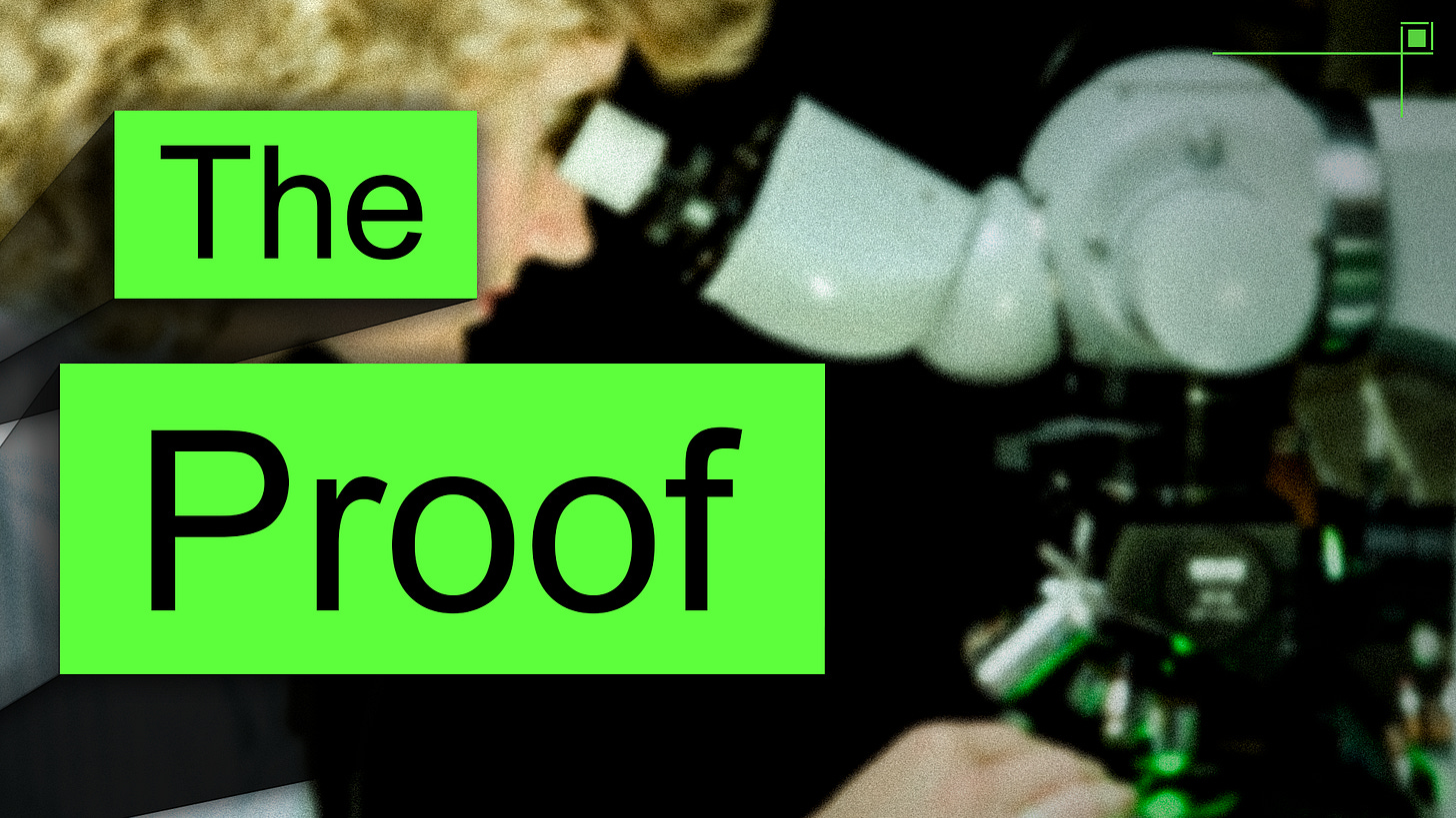 Black Text on Green boxes reading "The Proof" atop a slightly blurred background of a woman from the 80s using a microscope