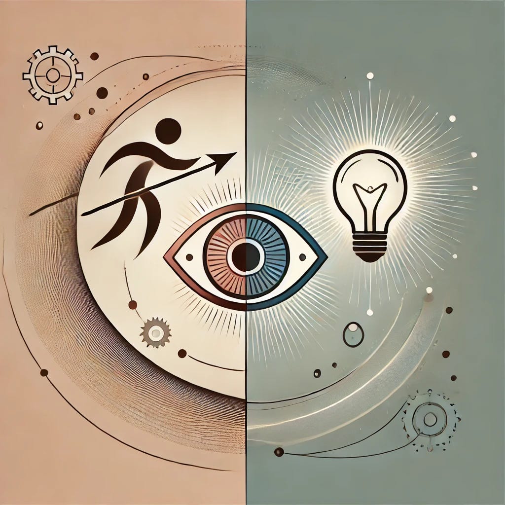 A symbolic representation of duality, featuring two interconnected yet distinct elements: one symbolising action (e.g., an arrow in dynamic motion lines or a figure in motion) and the other symbolising understanding (e.g., a light bulb or an eye). The design is minimalistic, with balanced symmetry, enhanced by subtle illustrations for action like a moving gear or flowing trajectory, and for understanding, soft radiant lines around the eye or light bulb. The image uses soft gradients or contrasting colours to distinguish the two concepts, while maintaining a neutral background to focus attention on the symbols. Suitable for a blog header about intelligence and cognition.