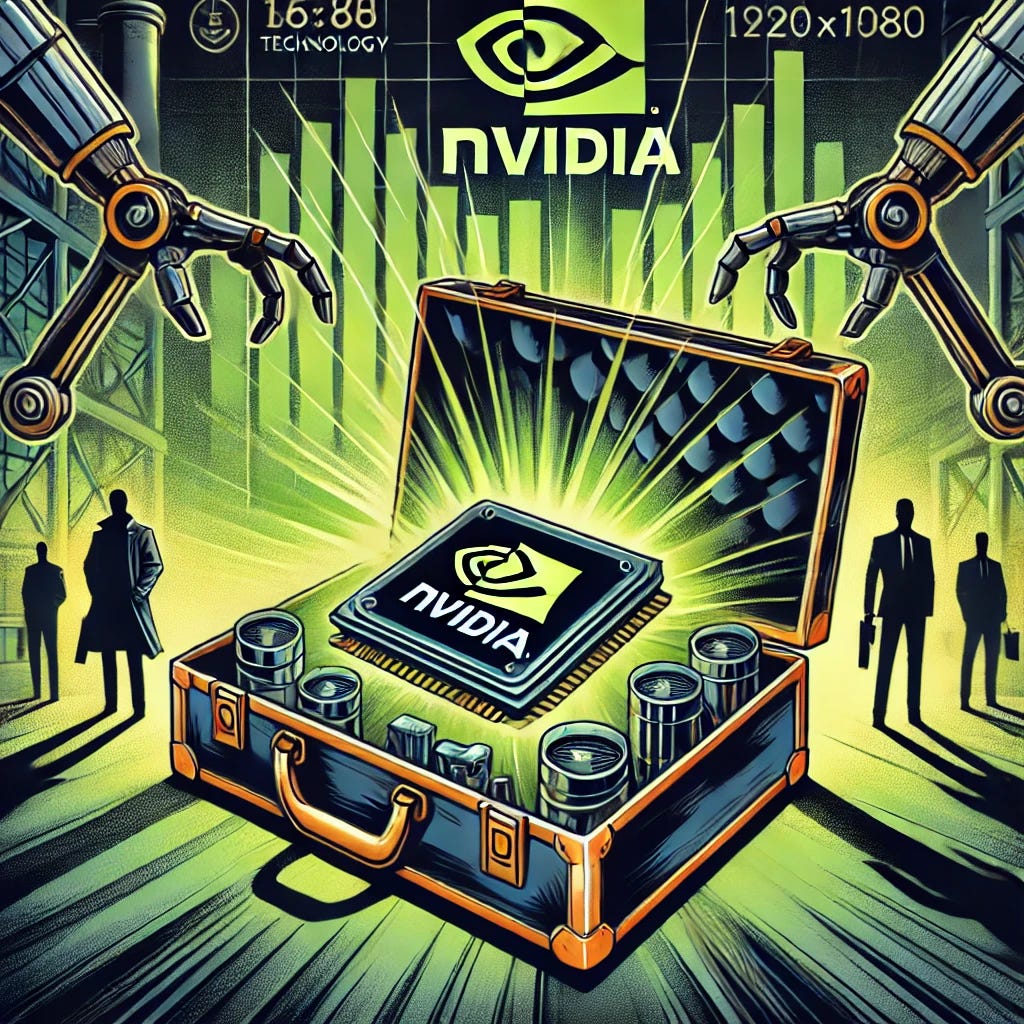 A bold pop-art style illustration titled 'Nvidia and the Forbidden Chips: High Technology or Luxury Smuggling?' The scene features a futuristic Nvidia chip placed inside a luxury briefcase with glowing lights, surrounded by robotic arms reaching for it. The chip emits a vibrant green glow with the Nvidia logo prominently displayed. The background showcases dramatic financial graphs, tech symbols, and a shadowy, high-stakes vibe with silhouettes of industrial warehouses and security cameras. The color palette uses vibrant greens, golds, and dark grays, creating a dynamic, mysterious, and professional design. Format: 16:9, 1920x1080 resolution.