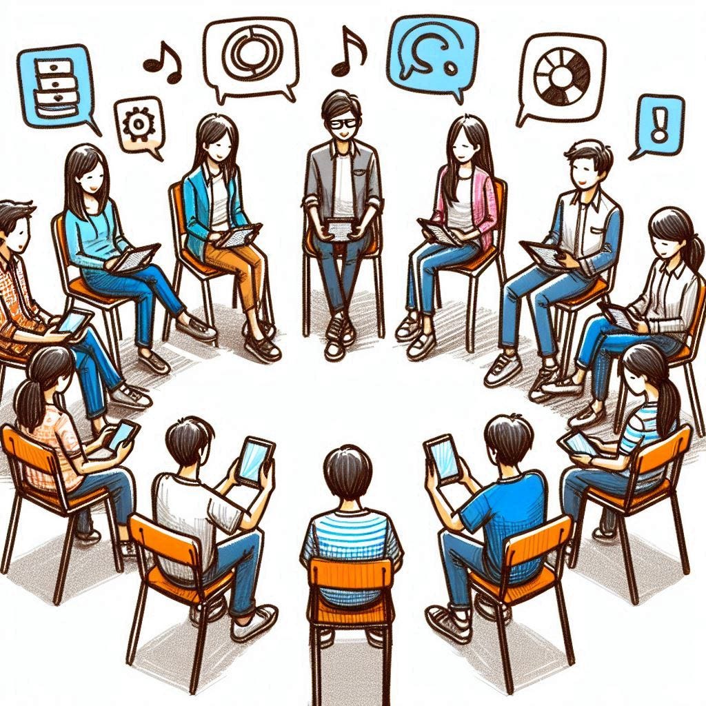 Welcome to a meeting of “Social Media Anonymous,” my name is … can you all put down your screens and pay attention?!! A group of people gathered at a meeting but ignoring everyone to focus on their screens instead ...