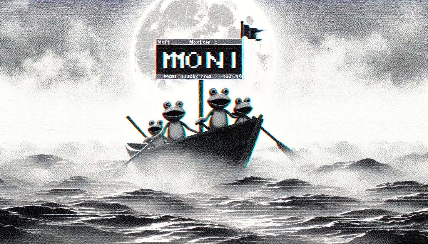 Create a wide format (1363x768) monochrome glitch art image that resembles a classic computer error screen. The scene should depict a humorous 'Crypto Fog Voyage' with playful frog characters on a boat, navigating through a thick, misty fog. Place the word 'MONI' prominently at the center top of the image in a glitched text style that is legible and unobstructed. The overall aesthetic should maintain a light-hearted and whimsical nature, reflective of the unpredictable crypto market.
