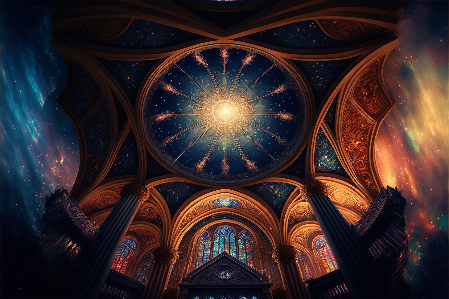 a beautiful cathedral ceiling suspended in outer space