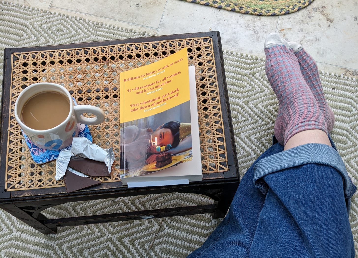 A cup of coffee and some chocolate, a book and an outstretched pair of legs, relaxing!