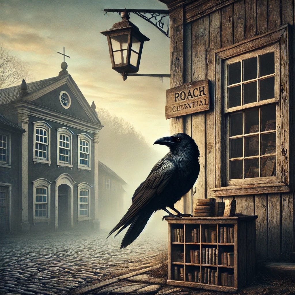 An atmospheric illustration with a slightly surreal tone. A black raven with a chipped beak perches on an old wooden sign hanging in front of a small, rustic building. The building has cracked windows, aged wood, and books stacked in the display. The street is made of cobblestones, with a soft morning mist. In the background, colonial-style architecture and distant forested hills. The sky is overcast, casting a calm, mysterious light. The scene feels mysterious, slightly whimsical, and quietly dramatic. No text or words visible, only the illustration.