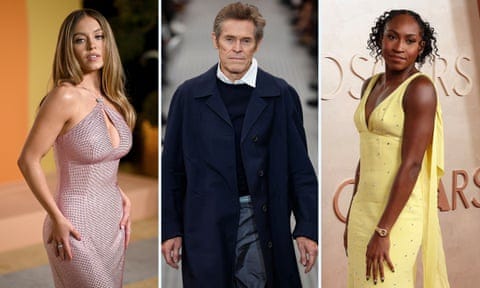 Sydney Sweeney, left, and tennis star Coco Gauff wearing Miu Miu at last week’s Oscars, while Willem Dafoe walks the catwalk for the label’s spring-summer collection. Photogaphs by PA and Rex/Shutterstock Sydney Sweeney, left, and tennis star Coco Gauff wearing Miu Miu at last week’s Oscars, while Willem Dafoe walks the catwalk for the label’s spring-summer collection. Photogaphs by PA and Rex/Shutterstock