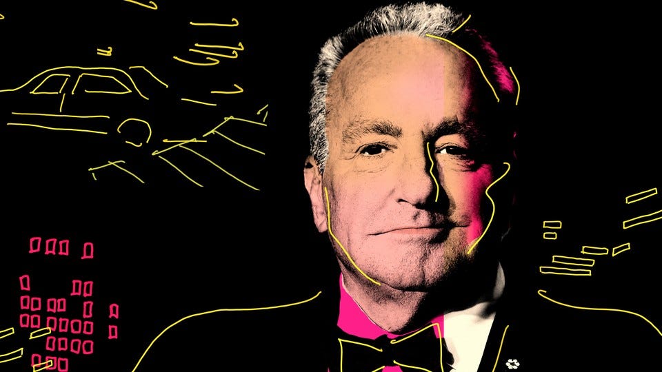 Photo of Lorne Michaels with pink and yellow sketched lines