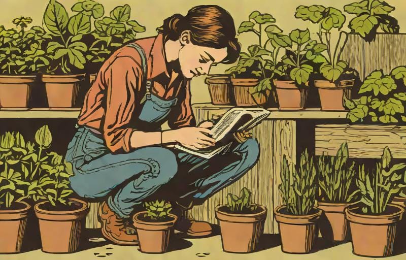 woodcut of woman gardener with empty pots  wearing jeans looking at vegetable seed catalogue