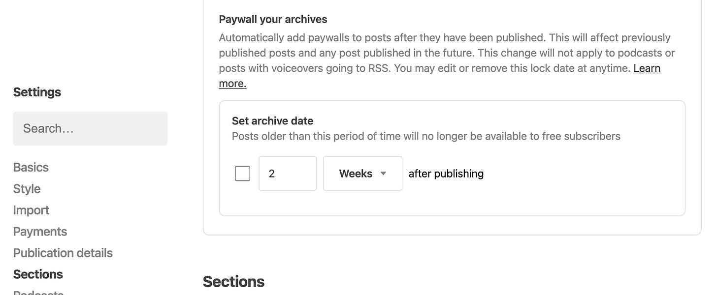 Substack automatic paywall archive setting