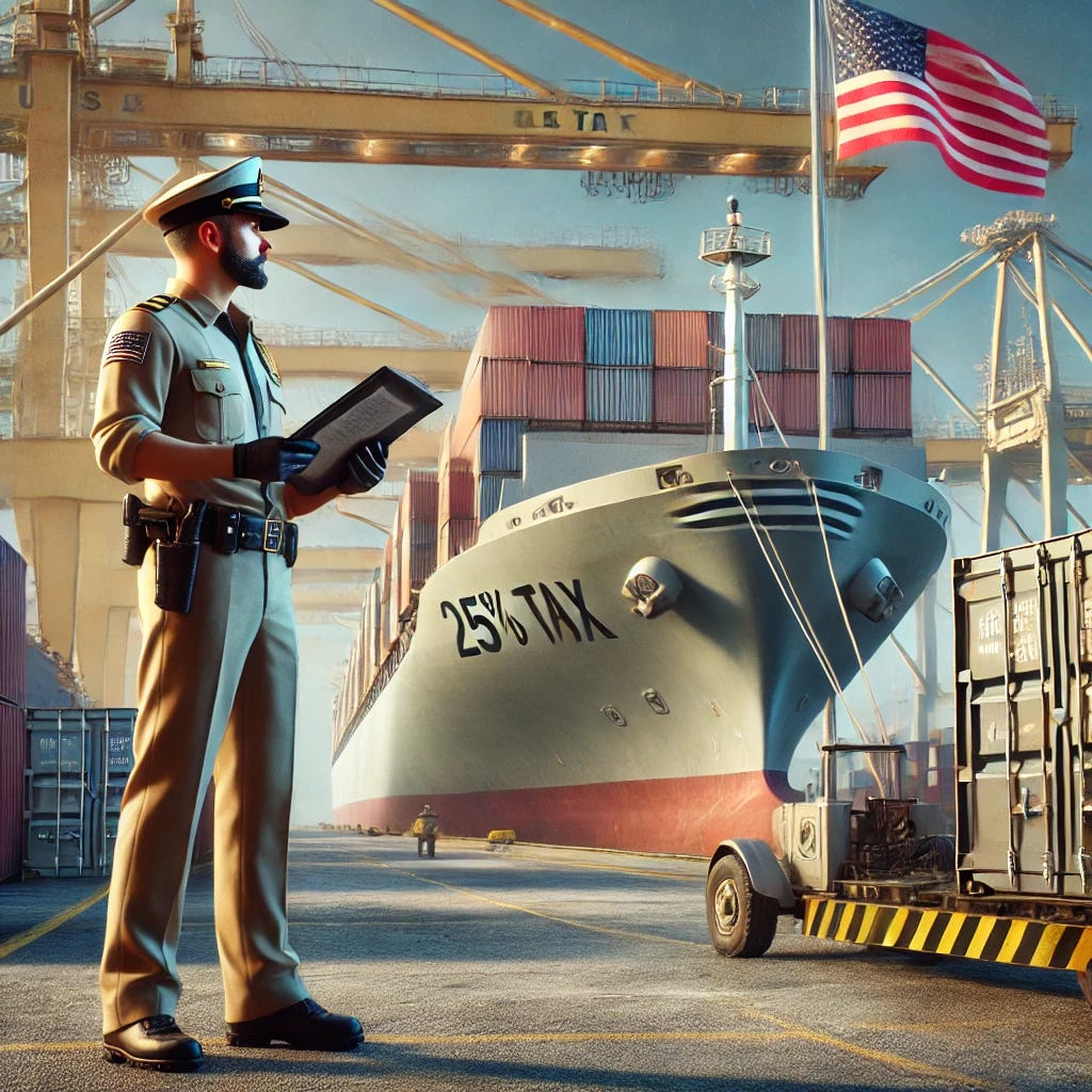 A hyper-realistic image of a large cargo ship at a U.S. port, undergoing inspection by a U.S. border officer. The officer, dressed in an official uniform, holds a document labeled '25% Tax' while addressing the ship's captain, who appears surprised. The environment includes detailed shipping containers, towering cranes, and an American flag waving in the background. The scene is depicted in a highly detailed, photorealistic style with sharp lighting, textures, and lifelike expressions.