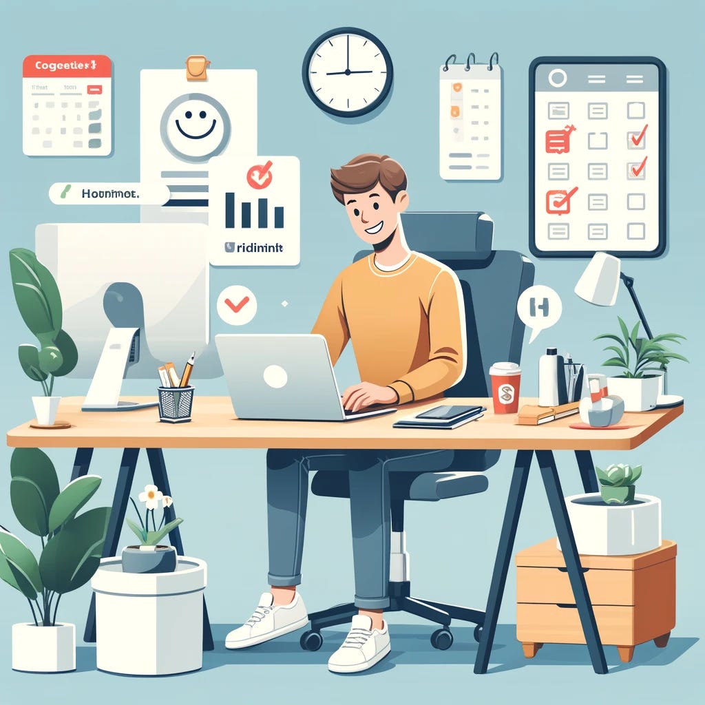 An animated-style image of a regular person at a well-organized, modern home office desk. The person is sitting comfortably, smiling, surrounded by productivity tools: a digital calendar with notifications for scheduled habits and routines, a clean and tidy desk with minimalistic stationery, a laptop with productivity apps open, a healthy plant for a better environment, and a water bottle to stay hydrated. The background shows a clock set to a productive time of the day, and a whiteboard with a checklist of daily goals. The scene conveys ease, efficiency, and stress-free work environment, reflecting a harmonious balance between technology and personal well-being.