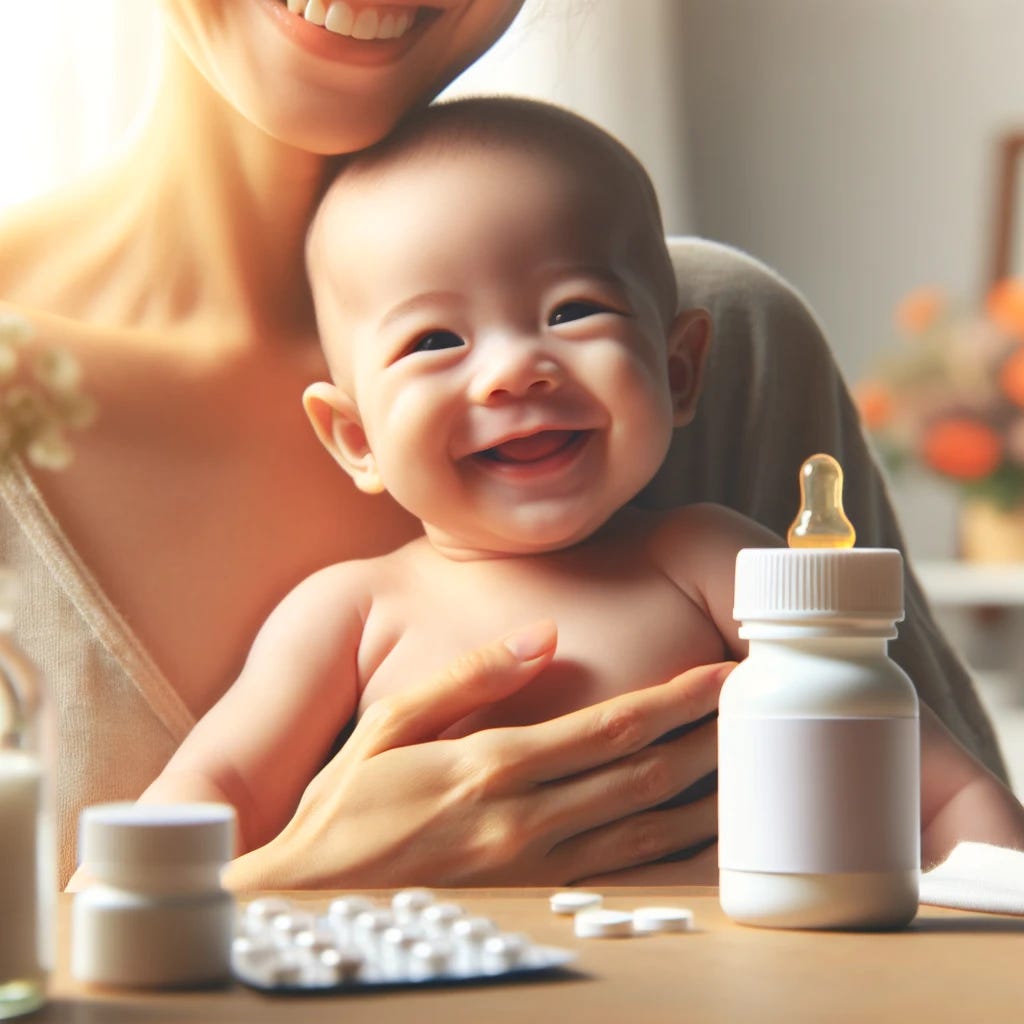 A close-up of a smiling breastfed baby being held by a mother, with a bottle of iron supplements and a dropper on a table nearby. The scene should be warm and inviting, with soft lighting and a comfortable, homey background. No text or numbers should be included in the image.