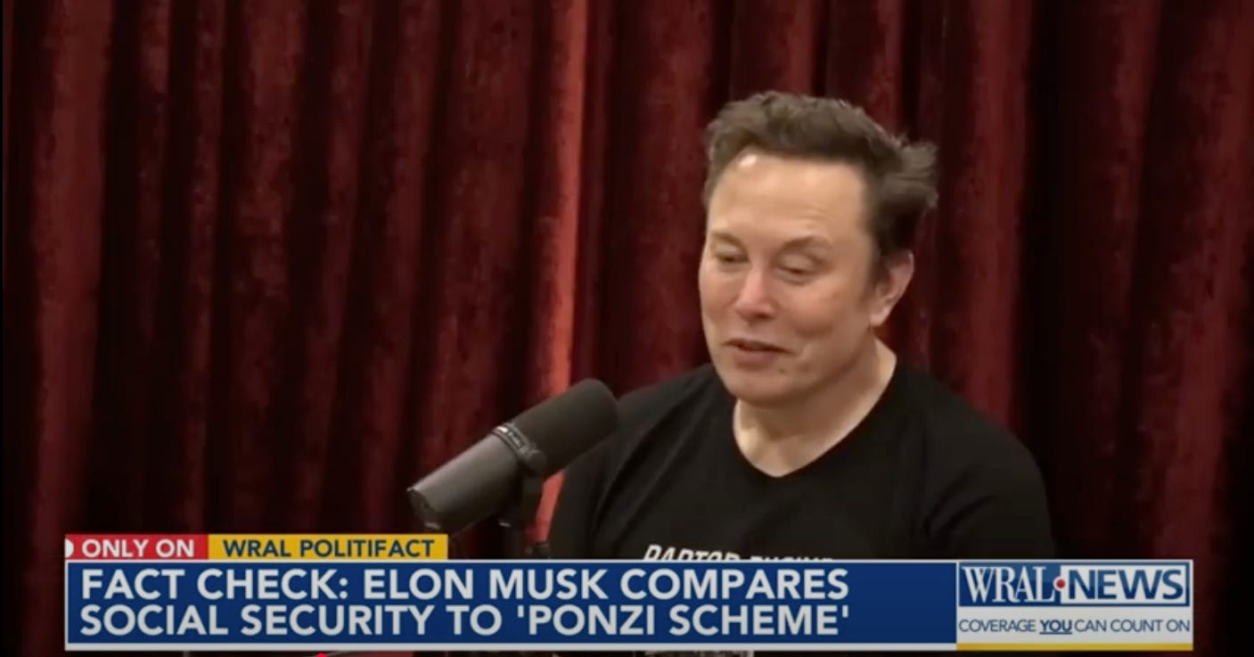 Elon Musk tells Joe Rogan "Social Security is the biggest Ponzi scheme"