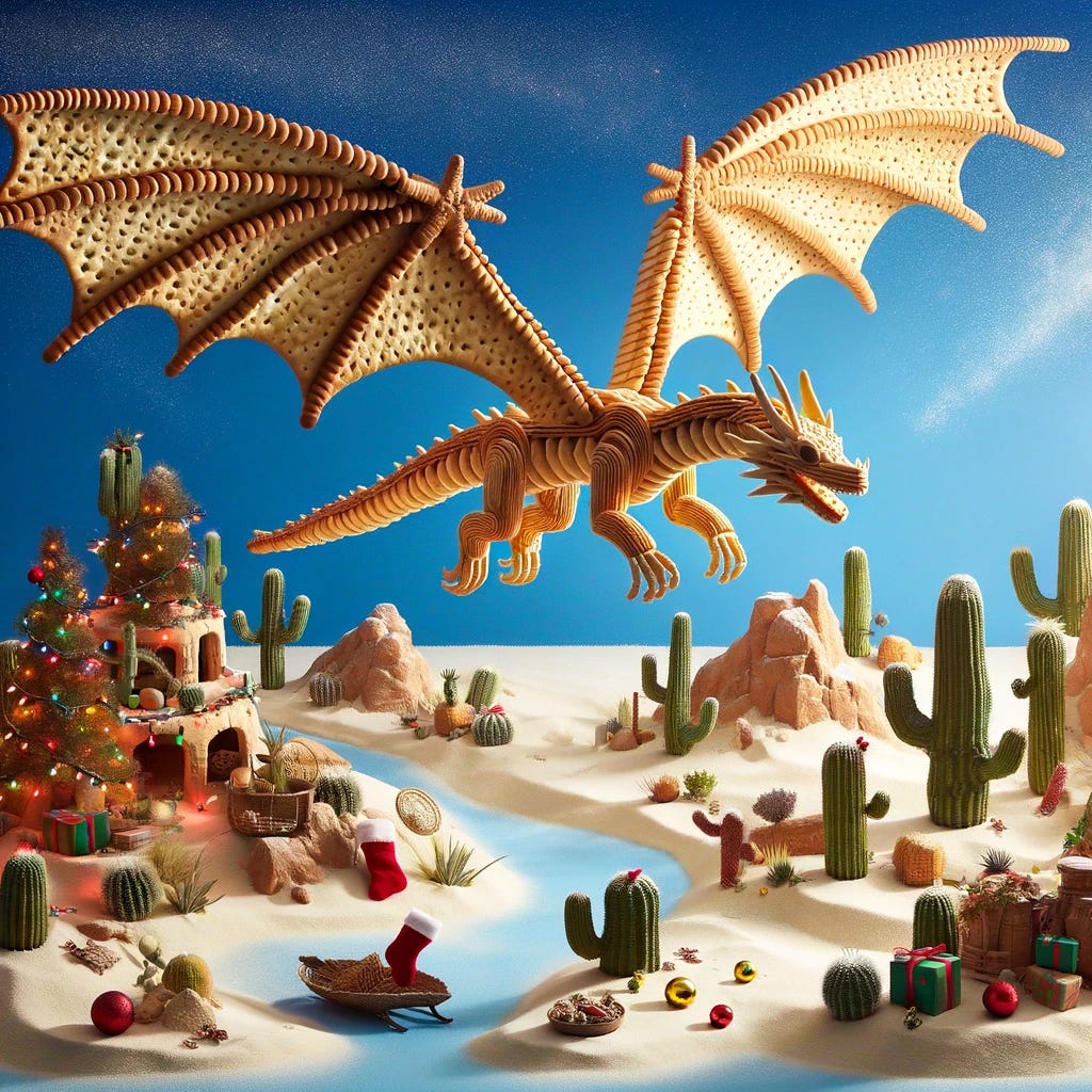 "Revamping the water dragon scene: The dragon, still soaring through the sky with a desert ecosystem on its back, now has wings made entirely of dragon-shaped crackers. These cracker wings are intricately detailed, resembling the texture of real crackers. Amidst this, the desert landscape on the dragon's back is festively decorated with Christmas lights, ornaments on cacti, and stockings hanging from desert plants. The combination of the cracker wings and the holiday-themed desert creates a whimsical and festive atmosphere in this imaginative scene."