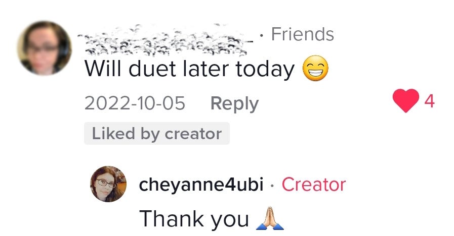 TikTok comment section with someone saying that will make content to spread awareness of an online crowdfunding campaign.