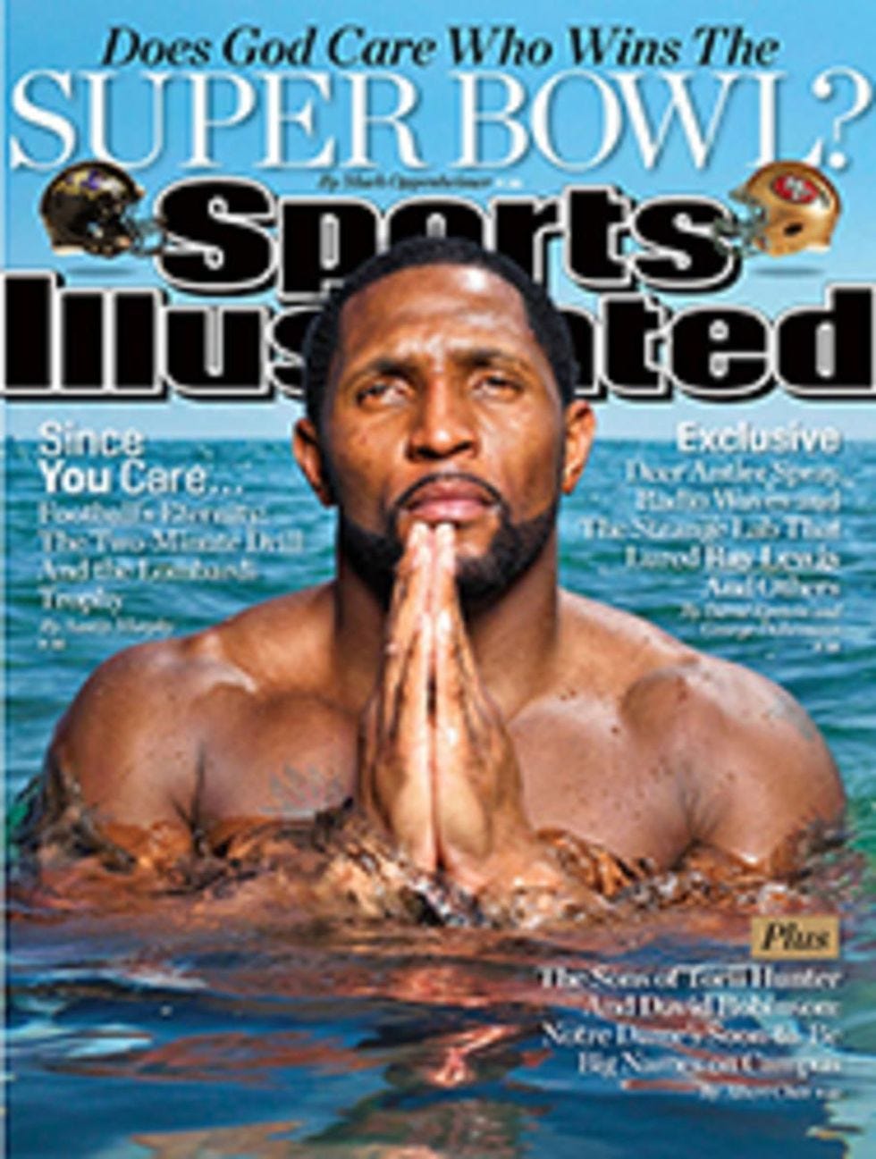Sports illustrated cover, man in ocean praying.