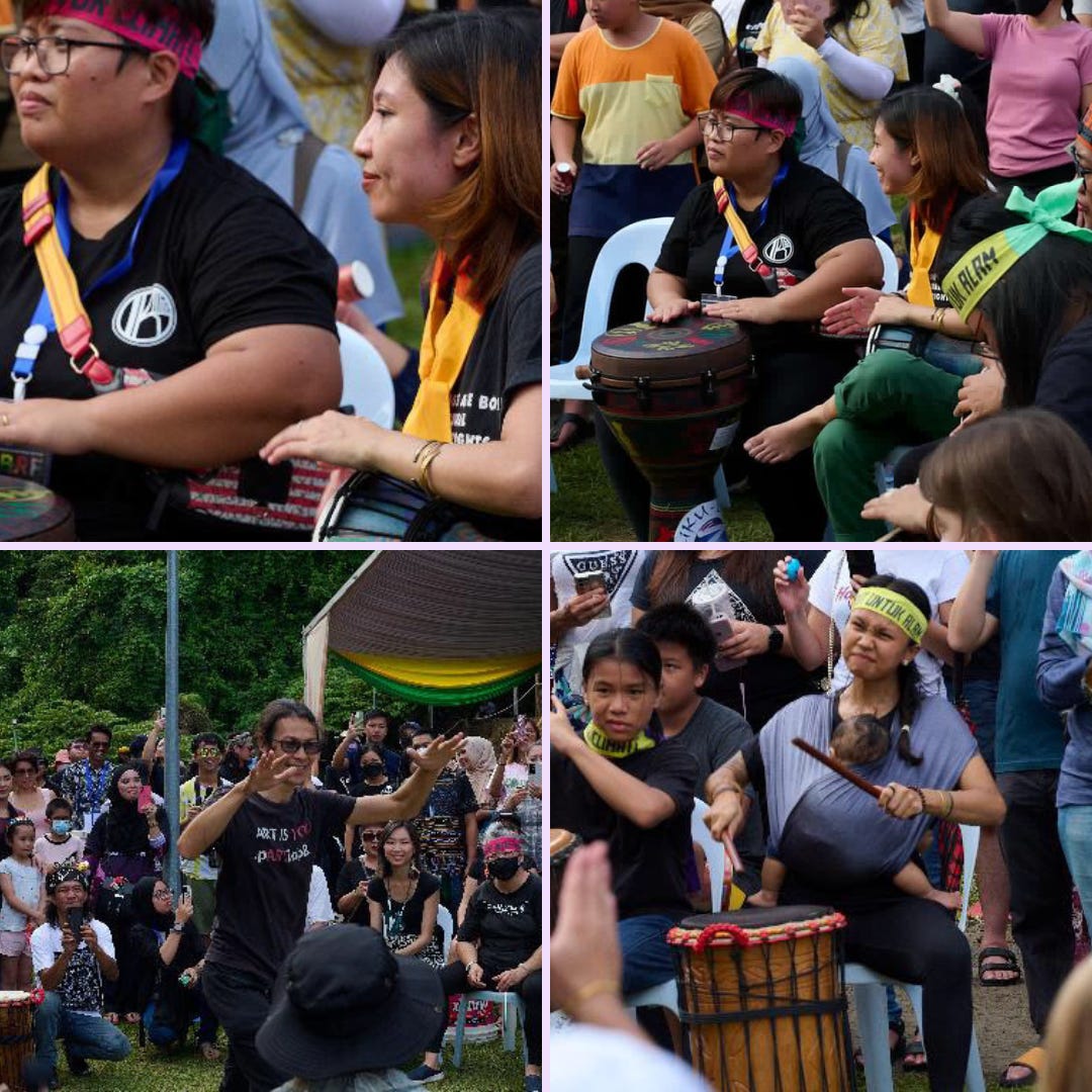 Clockwise from left to right: Ana Jonessy and our good friend, FieLie drumming at North Borneo Rainforest Festival 2022, Amy Dangin drumming enthusiastically with Micah and baby Koa, Drum Out Loud facilitator Alan Kerroux conducting the drummers and percussionists. 