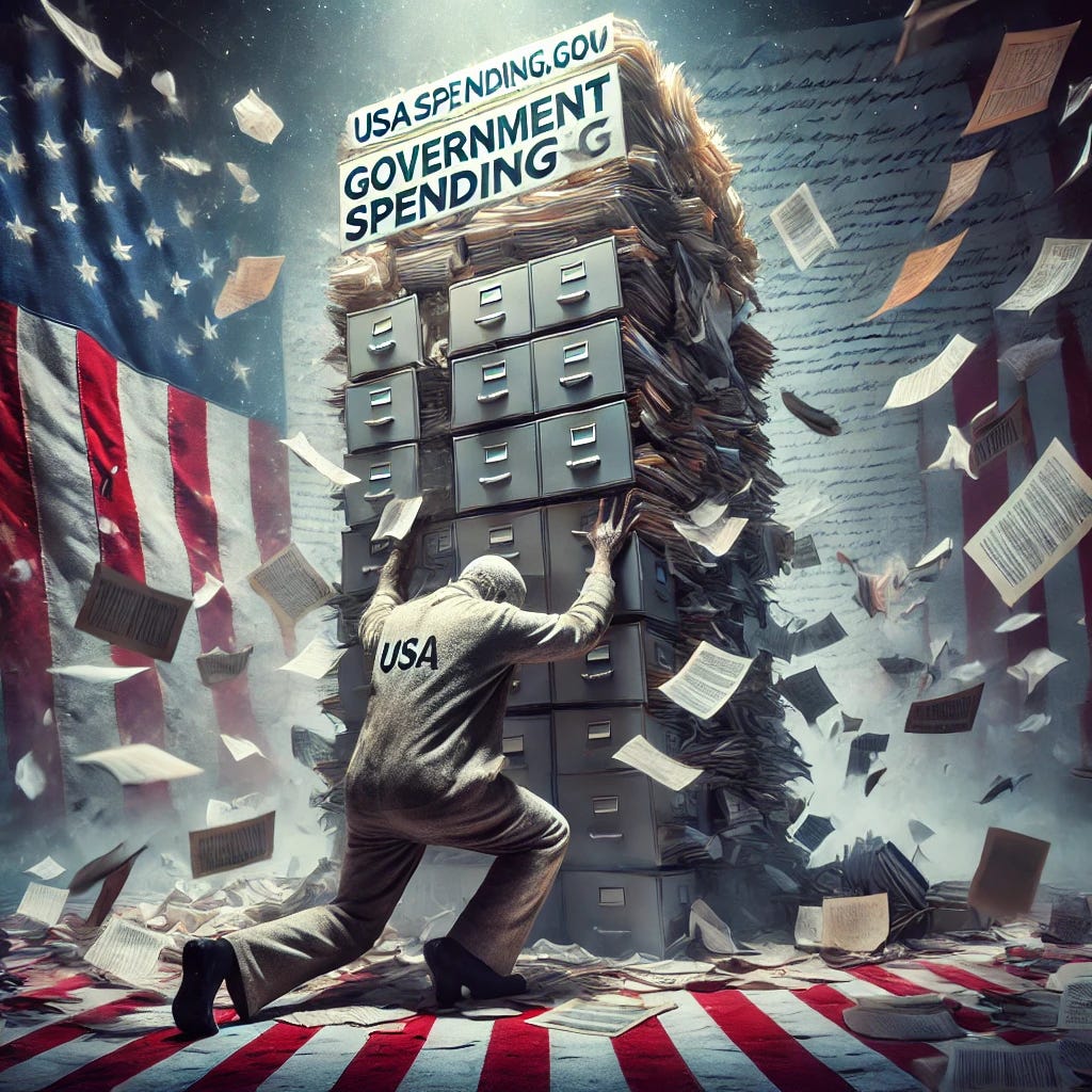 A dramatic digital illustration of a person labeled 'USASpending.gov' struggling to lift a massive, overstuffed filing cabinet filled with disorganized papers labeled 'Government Spending Data.' The papers are spilling everywhere, creating chaos. The background features patriotic embellishments such as an American flag draped in the scene and a faint overlay of the Constitution. The lighting is dim, emphasizing the struggle of outdated bureaucracy. The person appears exhausted and overwhelmed, buried under an avalanche of falling documents.