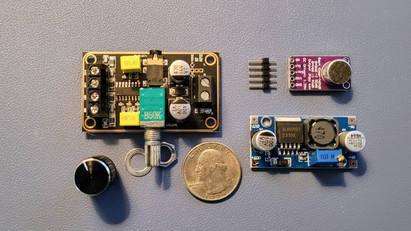 PAM8406 (left), MAX9814 (top right), buck booster (bottom right)