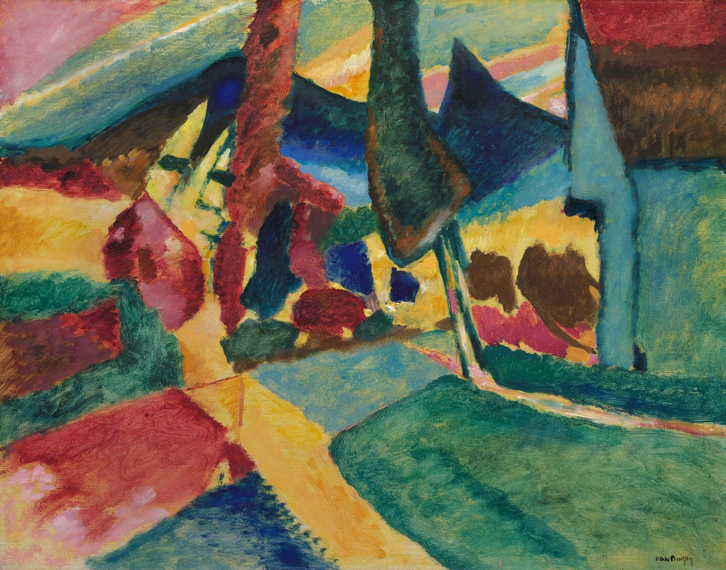 A painting of vibrant colors depicting a natural lanscape with two large trees at its center