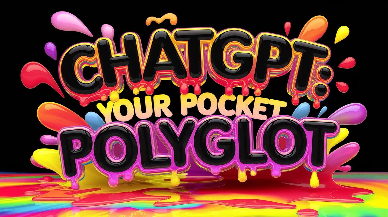 A 4D rendering illustration masterpiece with the phrase "ChatGPT: your pocket polyglot" in a captivating, dripping, and melting style. The bright, bold black letters are illuminated with vivid hues of red, orange, and yellow, creating a whimsical, fun movement. Surrounding the name are abstract shapes, splashes, and drops in various bright colors, adding to the dynamic atmosphere. The pristine black background contrasts with the bold, striking colors of the text and its surroundings, highlighting the artist's exceptional skills in 3D rendering and illustration. The artist's innovative fusion of typography, 3D rendering, and illustration results in an awe-inspiring piece that is visually stunning, transcending the boundaries of painting, 3D rendering, and vibrant typography.