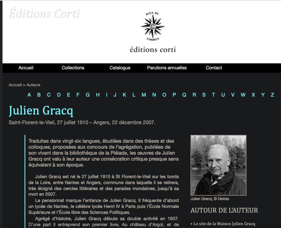 Page du site de l’éditeur Corti dédiée à l’écrivain français Julien Gracq