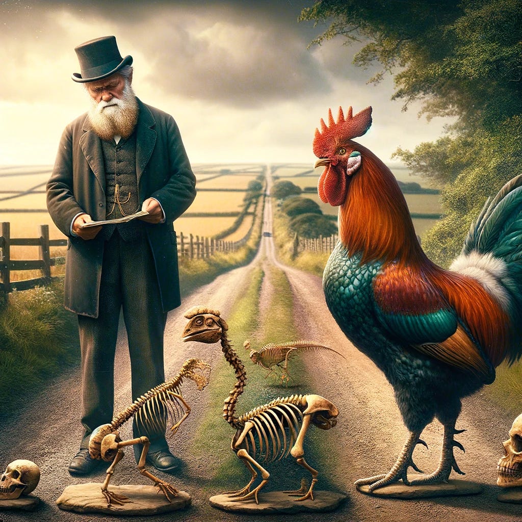 A 19th-century rustic road scene featuring Charles Darwin, depicted as a Victorian-era gentleman with a beard and period-appropriate attire. He is examining fossilized remains of proto-chickens on one side of the road, representing the past. On the other side, a vibrant, modern rooster with elaborate feathers stands, symbolizing evolutionary progress. The setting captures a historical and scientific exploration of evolution with a humorous twist, emphasizing the transition from ancient to modern species.