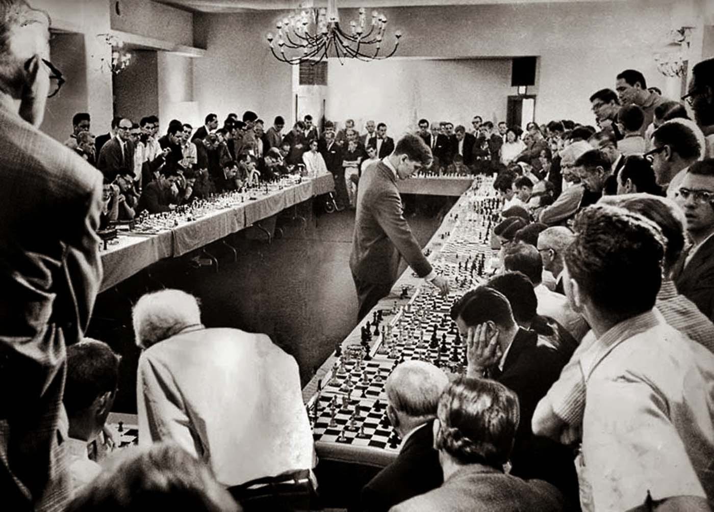 Bobby Fischer playing 50 opponents simultaneously, 1964.
