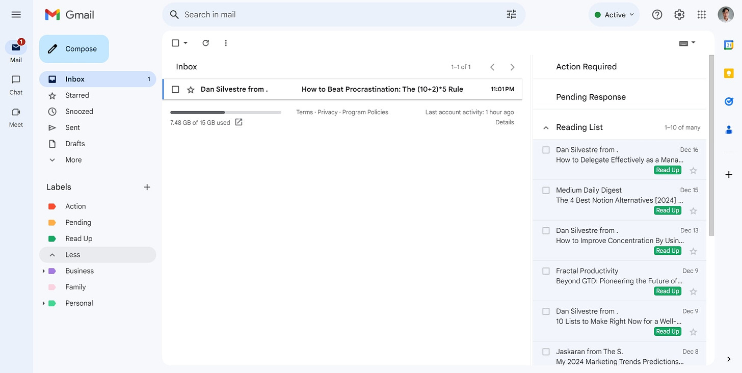 Screenshot of my Gmail inbox setup.