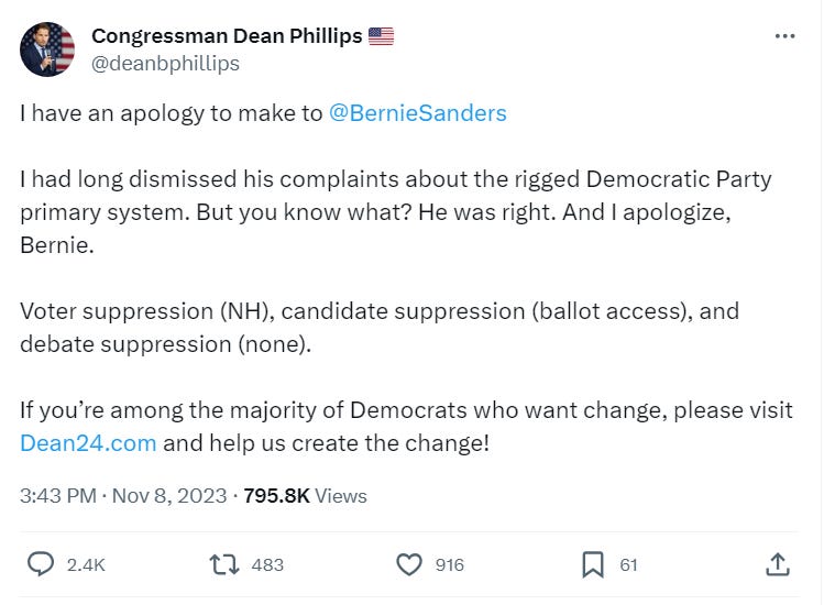 I have an apology to make to  @BernieSanders   I had long dismissed his complaints about the rigged Democratic Party primary system. But you know what? He was right. And I apologize, Bernie.  Voter suppression (NH), candidate suppression (ballot access), and debate suppression (none).  If you’re among the majority of Democrats who want change, please visit http://Dean24.com and help us create the change!