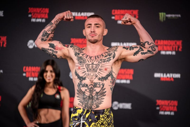 HONOLULU, HAWAII - APRIL 21: (L-R) Cris Lencioni (152.4*) and Blake Smith (146.4*) step on the scales and face off at the ceremonial weigh ins on April 21, 2023, at Blaisdell Arena in Honolulu, Hawaii. (Photo by Matt Davies/PxImages/Icon Sportswire via Getty Images)