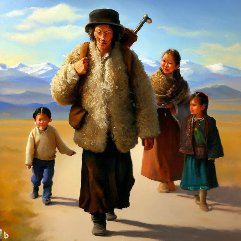 a painting of a vagabond man in a sheepskin jacket with a tibetan with a woman and her 3 children travelling the plains use a wide perspective