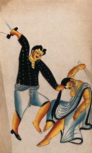 view Domestic violence: a husband holding his wife by the hair about to strike her with a shoe, while she tries to defend herself with a broom. Watercolour drawing.