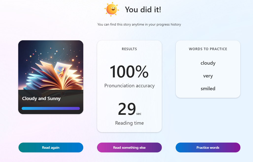 "Success" screen for reading completion in Microsoft Reading Coach