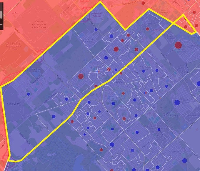Poll-by-poll map of northern Stittsville from 2021, showing areas which were moved between ridings during redistribution.
