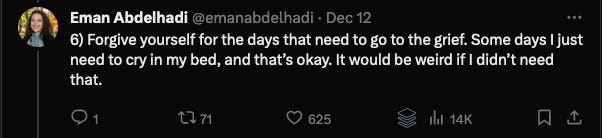 Tweet: Forgive yourself for days that you need to just cry in bed, and that's ok.  It would be weird if you didn't need that.