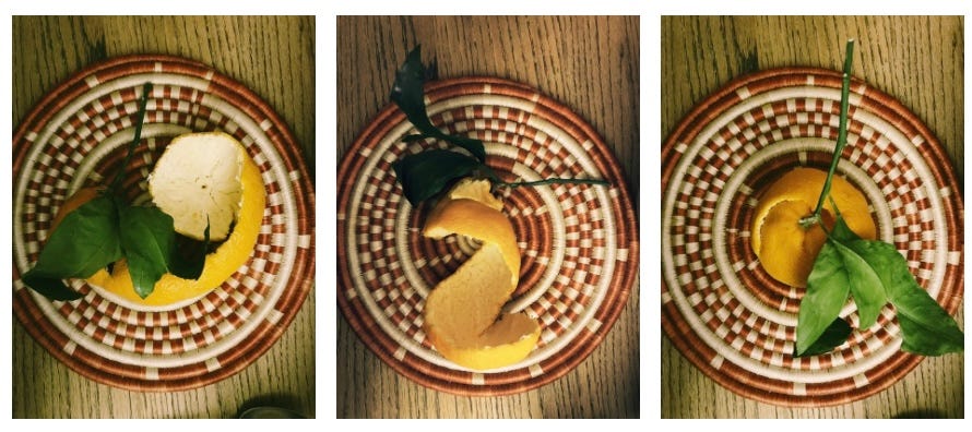 A triptych of an orange peel fully unwrapped