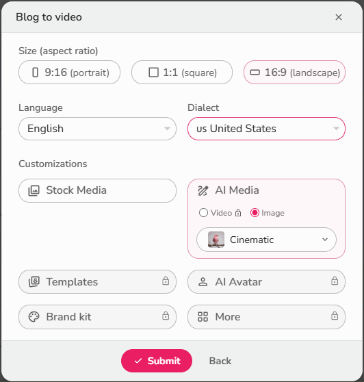 Fliki customizing video options