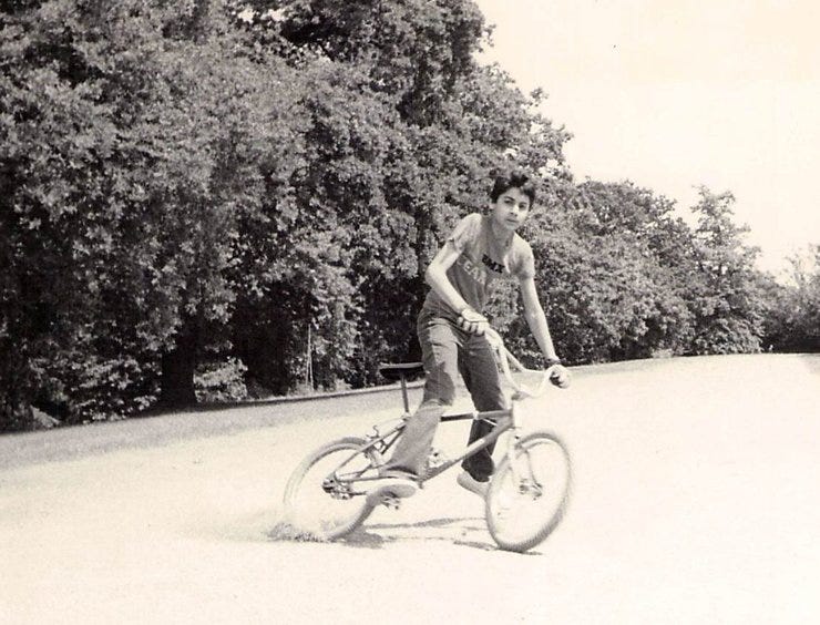 Shahid on his custom Race Inc BMX bike that he designed and won in 1980