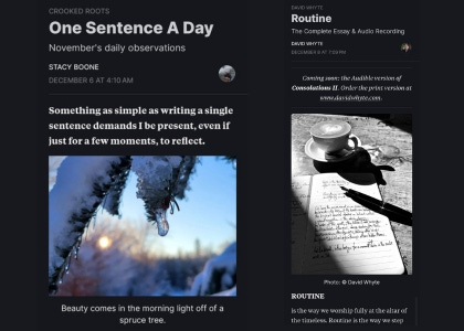 Two screenshots of Substack posts. One is of Crooked Roots, One sentence a day, November's daily observations, by Stacy Boone, published December 6th at 4:10 a.m. . Something as simple as writing a single sentence demands I be present, even if just for a few moments, to reflect. Aling with a picture of a spruce branch covered in snow. And the sentence reads Beauty comes in the morning light of a spruce tree.  The second post is of David Whyte titled Routine. Subtitle reads The complete essay and audio recording by David Whyte. December 8th at 7:09 p.m. Coming soon: The audible version of Consolations 2. Order the print version at www.davidwhyte.com. Then there is a black and white picture of  vignette showing a cup of cappuccino and a notebook with some handwriting from a fountain pen that lays on top of the notebook, which lays upon a wooden table with a shaft of light illuminating the scene. Photo is by David Whyte. And the beginning of the writing reads: Routine, is the way we worship fully at the altar of the timeless. Routine is the way we step
