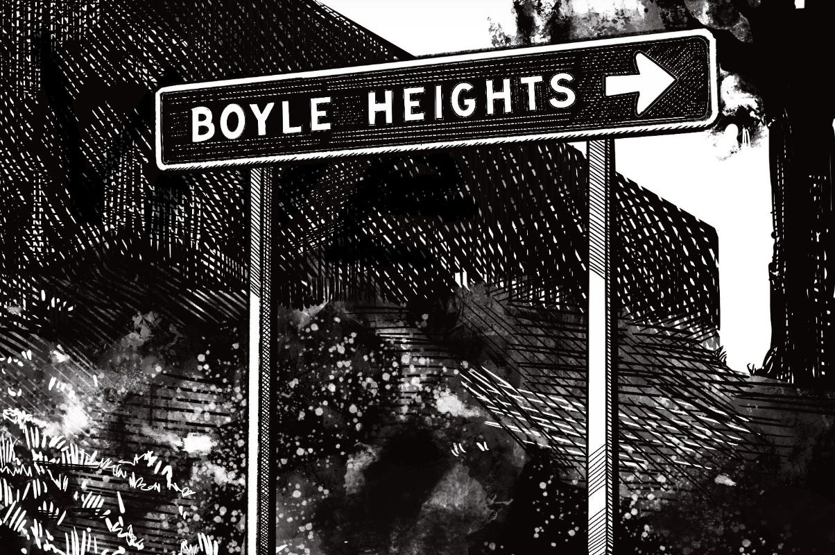 pen and ink drawing of a Boyle Heights street sign