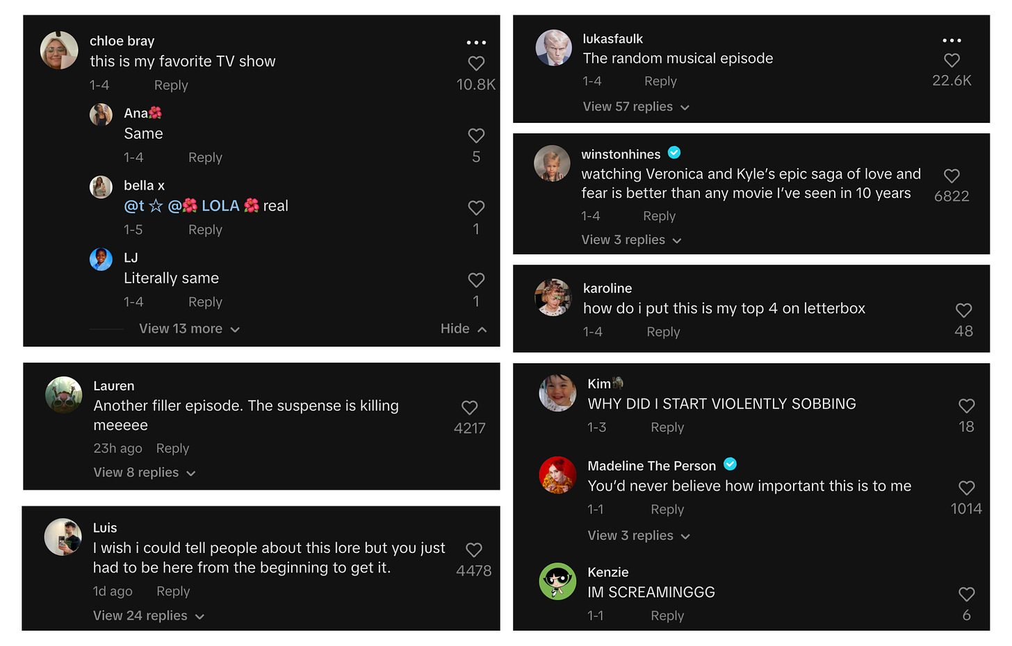 Screenshots from various comments on @veronika_iscool's TikToks. They say things like "this is my favorite TV show" and "another filler episode".