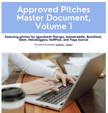 A cover picture for the Approved Pitches Master Document, Volume 1. It repeats information from above, and has a picture of a white woman with white fingernails typing on her laptop. A coffee cup sits next to her laptop.