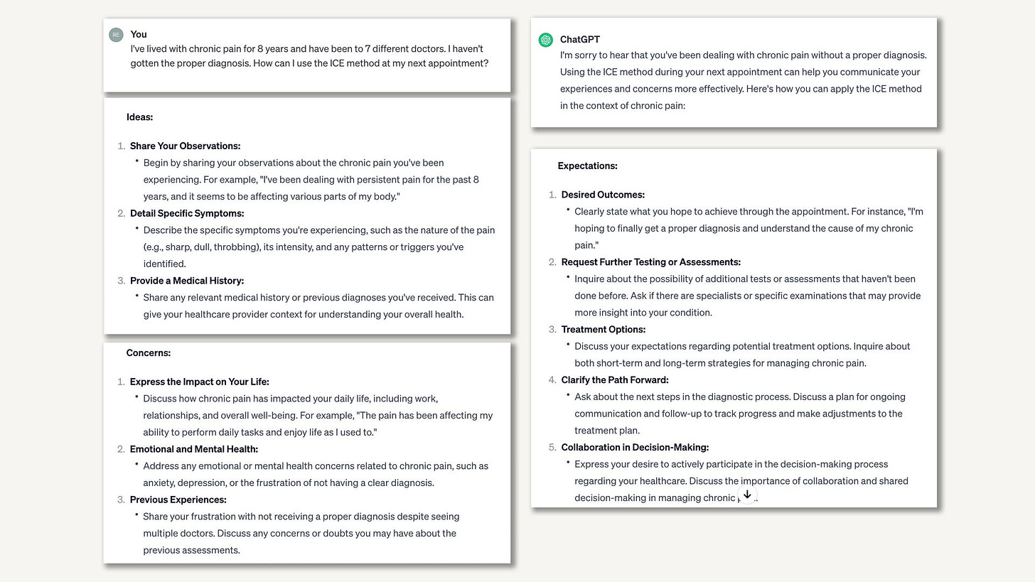 ChatGPT 3.5's advice on discussing your ideas, concerns and expectations -- called the ICE method -- with a doctor, under the premise you're living with a chronic undiagnosed illness.