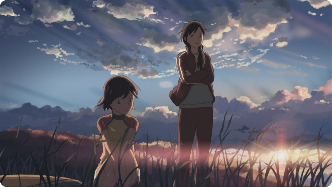 Scene from the anime movie 5 Centimeters Per Second. Kanae and her sister at sunset.