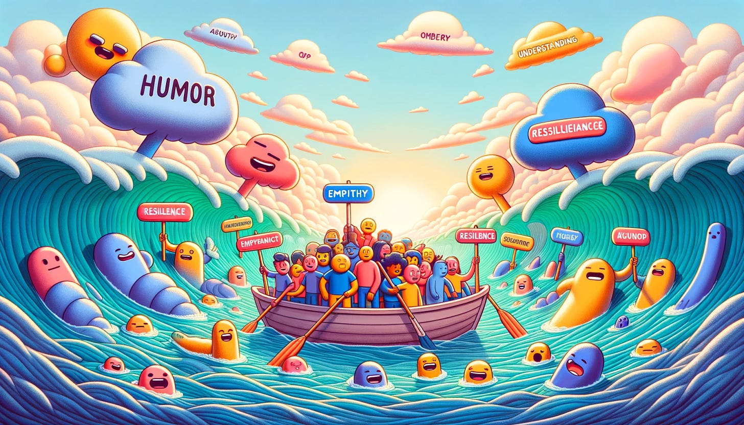 Create a vibrant and engaging rectangular illustration that depicts the concept of navigating emotional challenges with humor and resilience. The scene shows a small, cartoonish boat with diverse, cheerful characters aboard, each holding an oar labeled with positive traits such as 'Humor', 'Empathy', 'Resilience', and 'Understanding'. The boat is navigating through a sea of oversized, exaggerated emotional symbols, like a giant wave of 'Rejection' and floating islands of 'Acceptance'. The sky above is bright and hopeful, symbolizing optimism and the journey ahead. This illustration is meant to visually convey the idea of people coming together to navigate the emotional rapids of life, especially those with ADHD, using humor and positivity as their guiding force. The style should be colorful, inviting, and playful, aimed at drawing readers into an article about overcoming Rejection Sensitive Dysphoria with humor and a positive outlook. The size should be wide, suitable for a website banner or article header.
