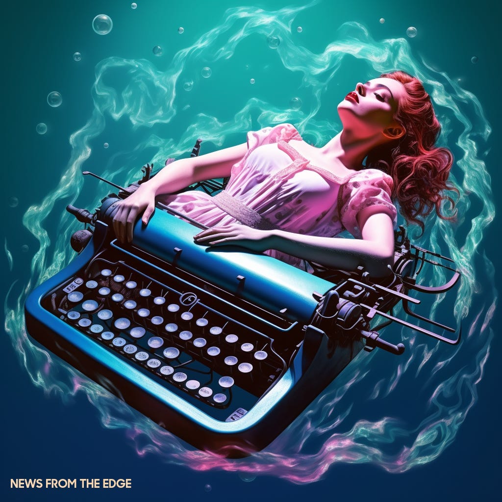 woman with red hair floating in a pool of water holding a typewriter