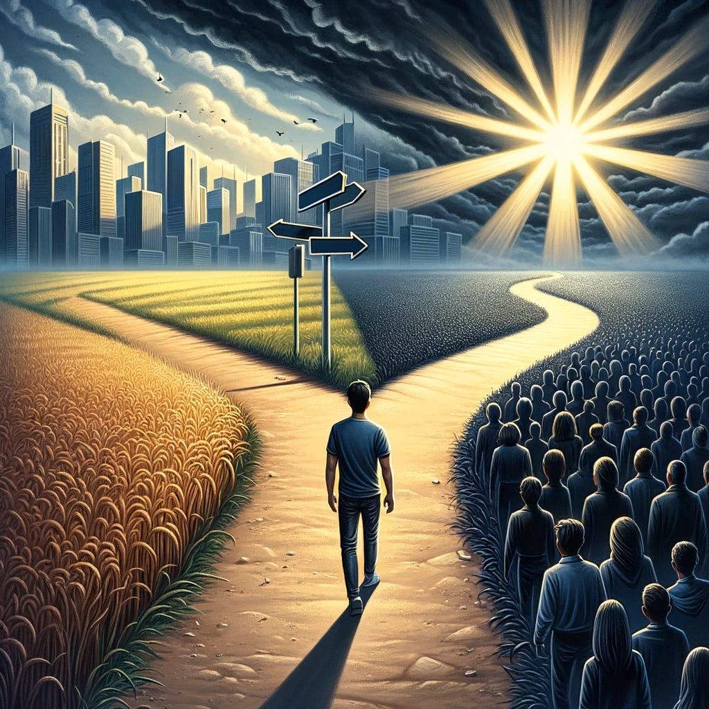 A visual representation of the choice between authenticity and societal approval. The image depicts a person standing at a crossroads, with one path leading towards a sunny, open field symbolizing authenticity and self-acceptance, and the other path leading into a dark, crowded city symbolizing conformity and the pursuit of approval. The person is depicted looking towards the sunny path, taking a step forward, signifying their choice to embrace their true self despite the potential for rejection. This metaphorical scene captures the essence of prioritizing personal authenticity over societal acceptance, highlighting the inner conflict and ultimate decision to pursue a path of genuine self-expression.