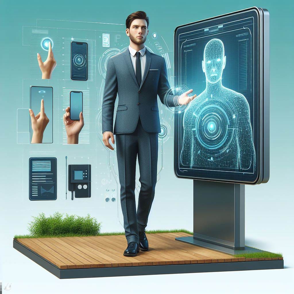 realistic person, advanced technology, product promotion, billboard ad