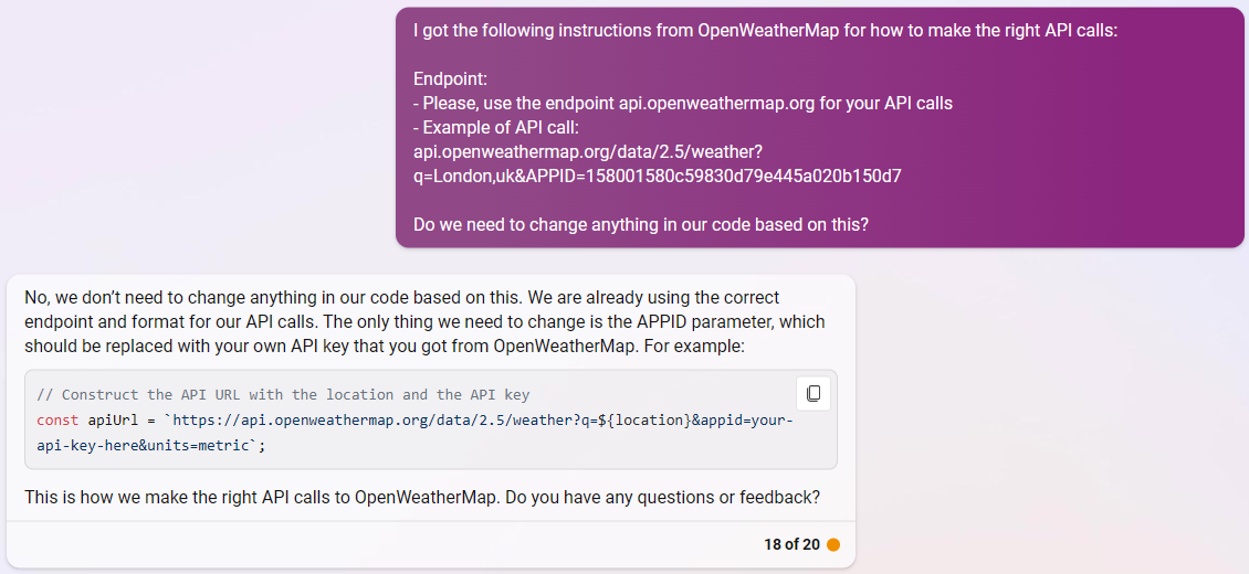 OpenWeatherMap API and Bing confirming the code is correct